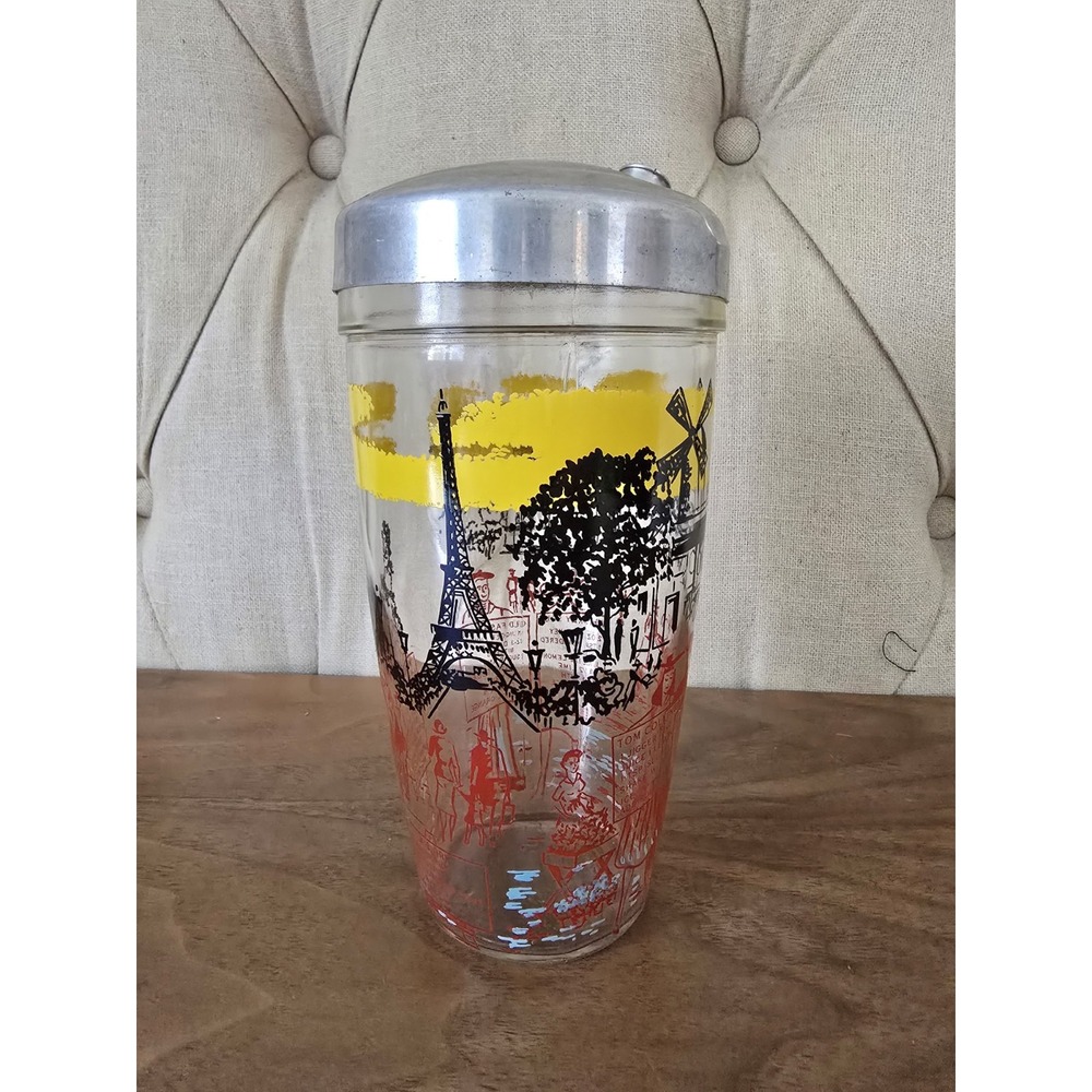 Vintage Paris cocktail shaker glass with aluminum lid Eiffel Tower design